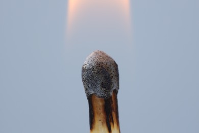 Photo of Burning match on light grey background, macro view