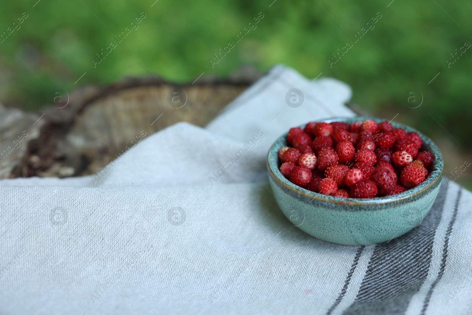 Photo of Bowl of tasty wild strawberries on cloth against blurred background, closeup. Space for text