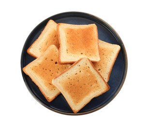 Photo of Plate with slices of delicious toasted bread on white background, top view