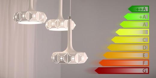 Image of Energy efficiency rating label and pendant lamp indoors, banner design