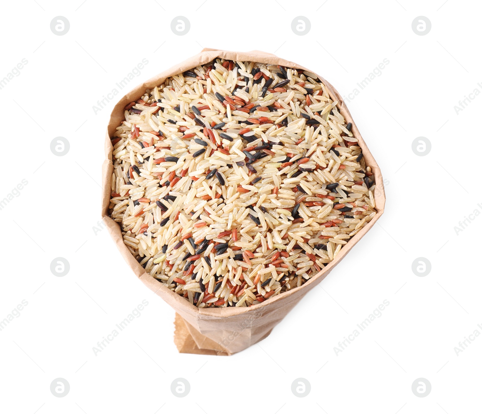 Photo of Mix of brown rice in paper bag isolated on white, top view