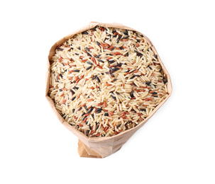 Photo of Mix of brown rice in paper bag isolated on white, top view