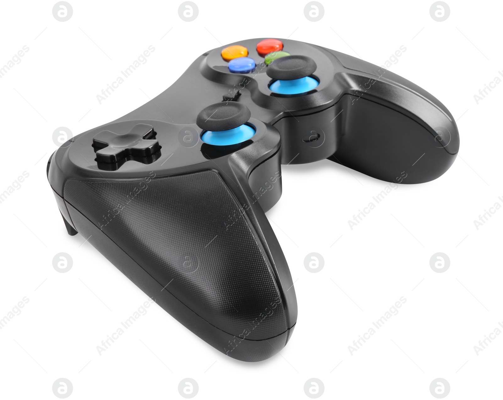 Photo of Black wireless controller on white background. Video game device