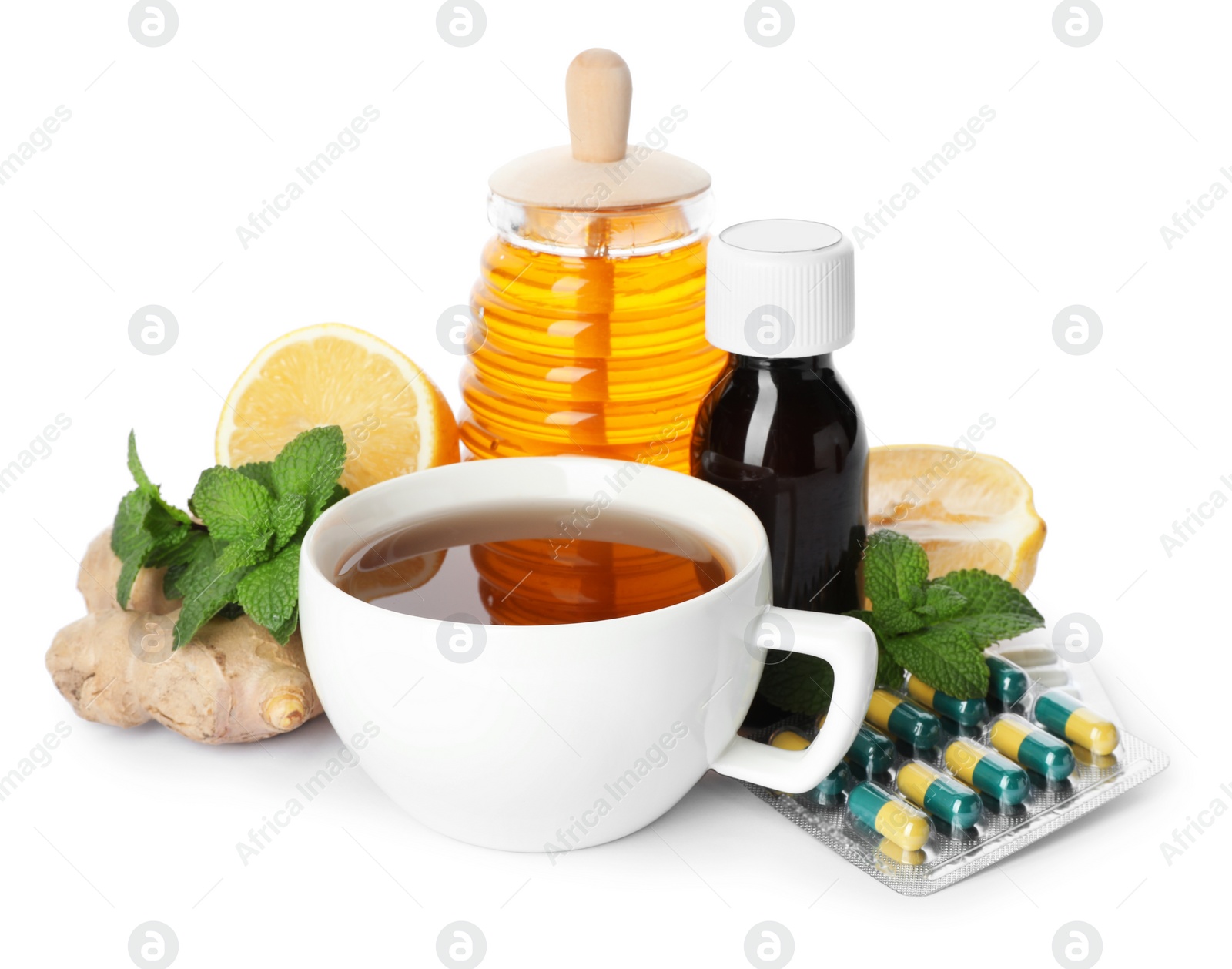 Photo of Composition with alternative and traditional cough remedies on white background