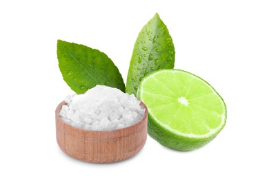 Image of Cut lime and salt isolated on white. Margarita cocktail ingredients