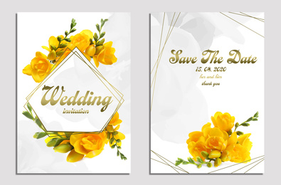 Image of Beautiful wedding invitation and Save The Date with floral design on light background, top view