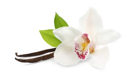 Photo of Aromatic vanilla sticks, beautiful orchid flower and green leaves on white background