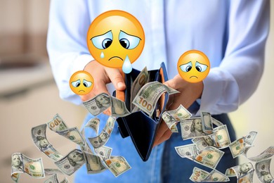 Image of Woman holding wallet with flying out dollar banknotes, closeup. Sad emoji illustrations symbolizing buyer's remorse