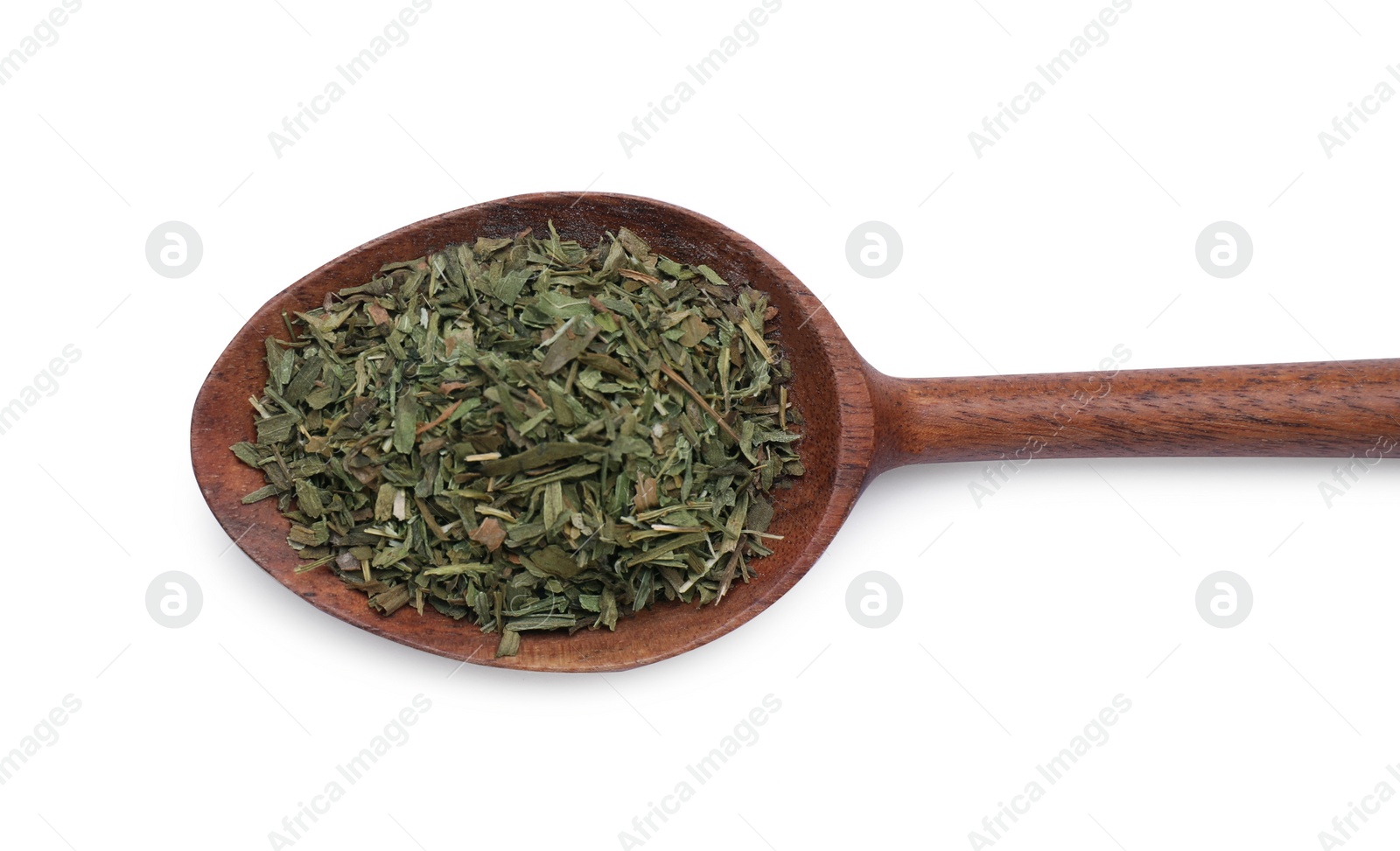 Photo of Spoon of dry tarragon isolated on white, top view