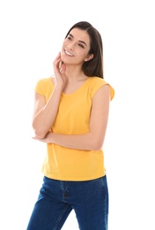 Beautiful young woman in stylish clothes on white background