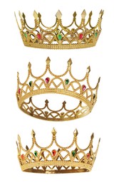 Collage of beautiful gold crown with gems on white background, views from different sides