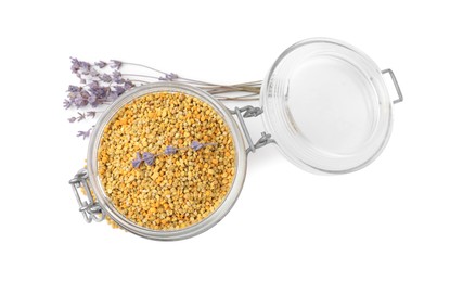 Fresh bee pollen granules in jar and lavender isolated on white, top view