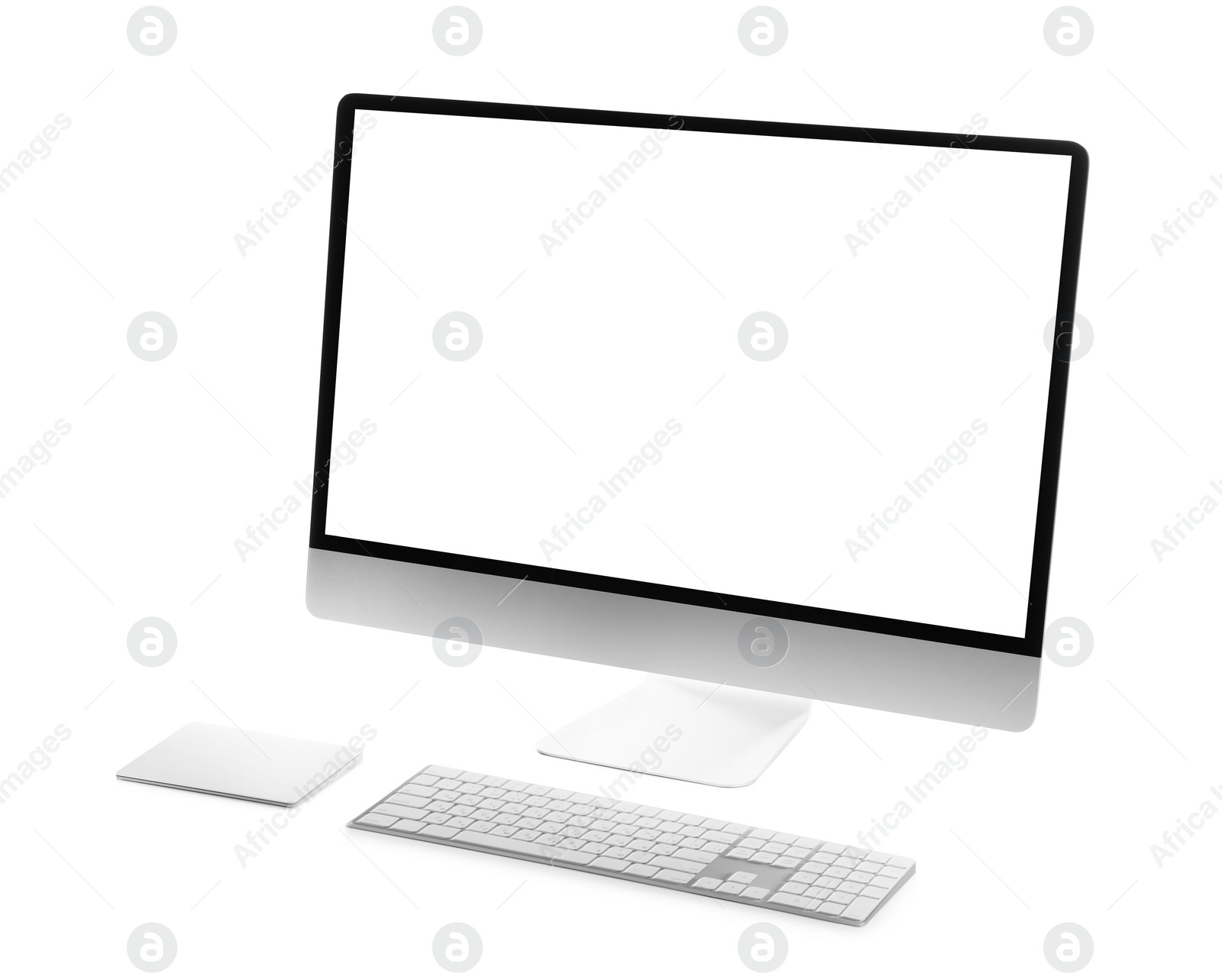 Photo of Modern computer with blank monitor screen and peripherals on white background