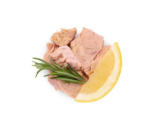 Photo of Delicious canned tuna chunks with lemon and rosemary isolated on white, top view