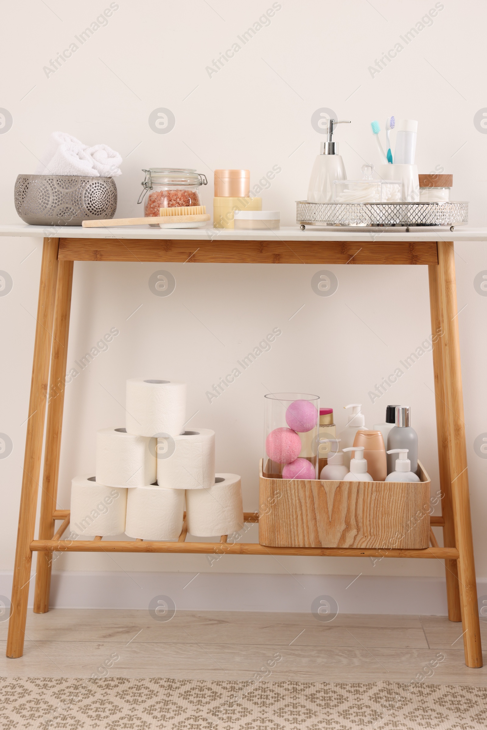 Photo of Different bath accessories and personal care products indoors