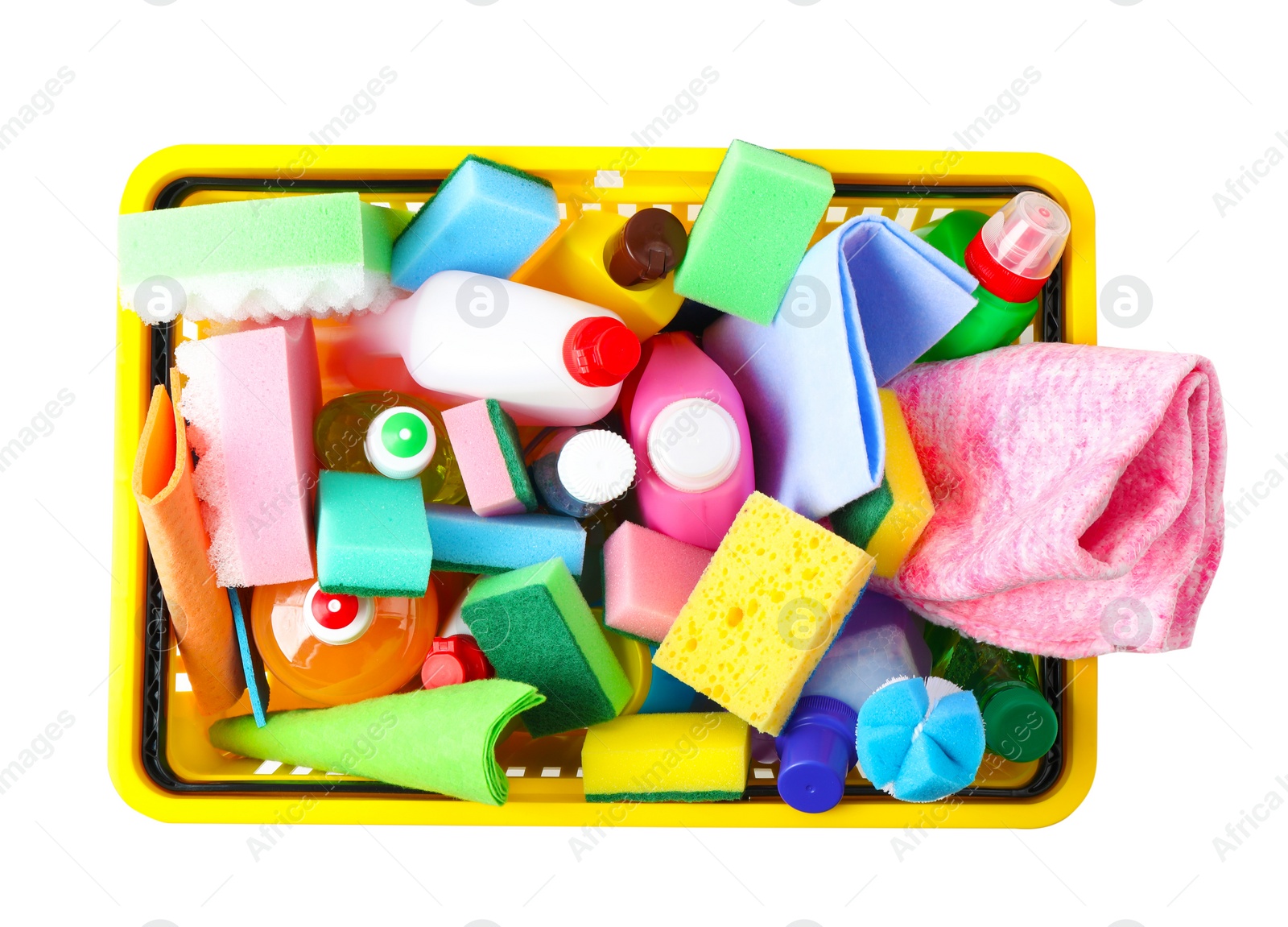 Photo of Shopping basket with different detergents on white background, top view