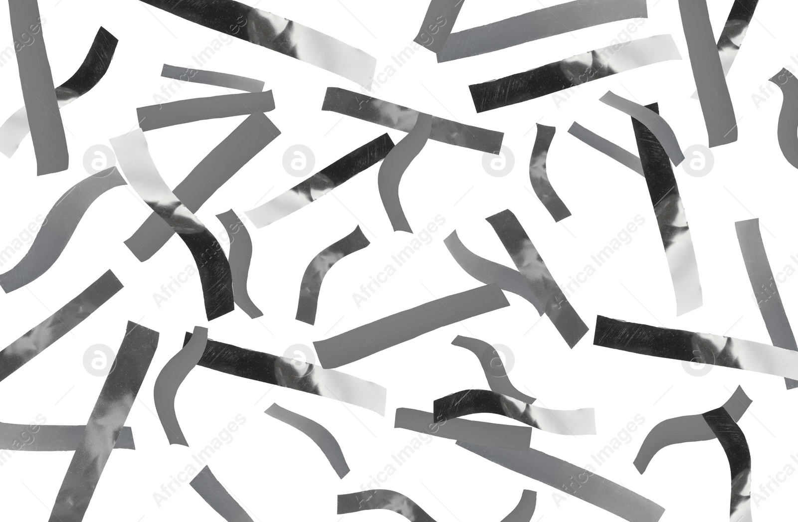 Image of Shiny silver confetti falling on white background