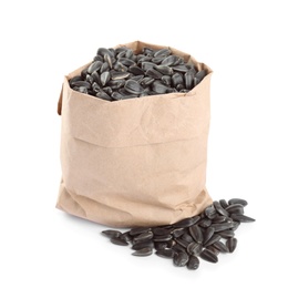 Photo of Sunflower seeds in bag on white background