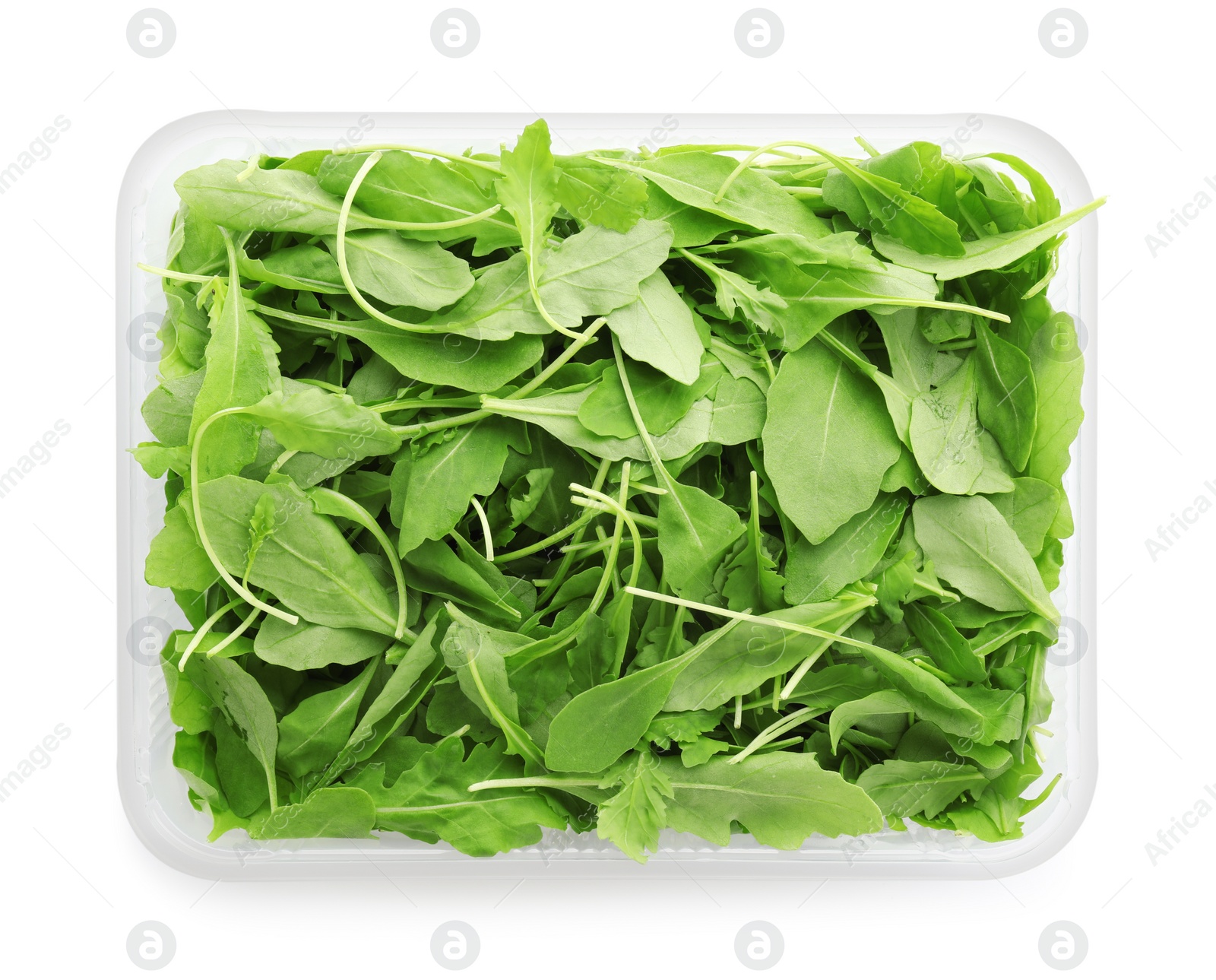 Photo of Fresh arugula in plastic container isolated on white, top view