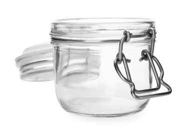 Photo of Empty glass jar on white background