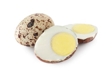 Photo of Hard boiled quail eggs on white background