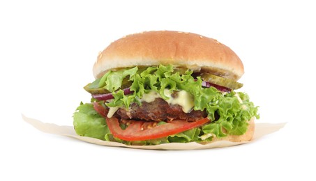 Photo of Delicious burger with beef patty and lettuce isolated on white