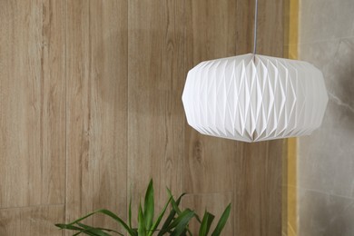 Photo of Modern lamp hanging over green plant in room, space for text. Interior design