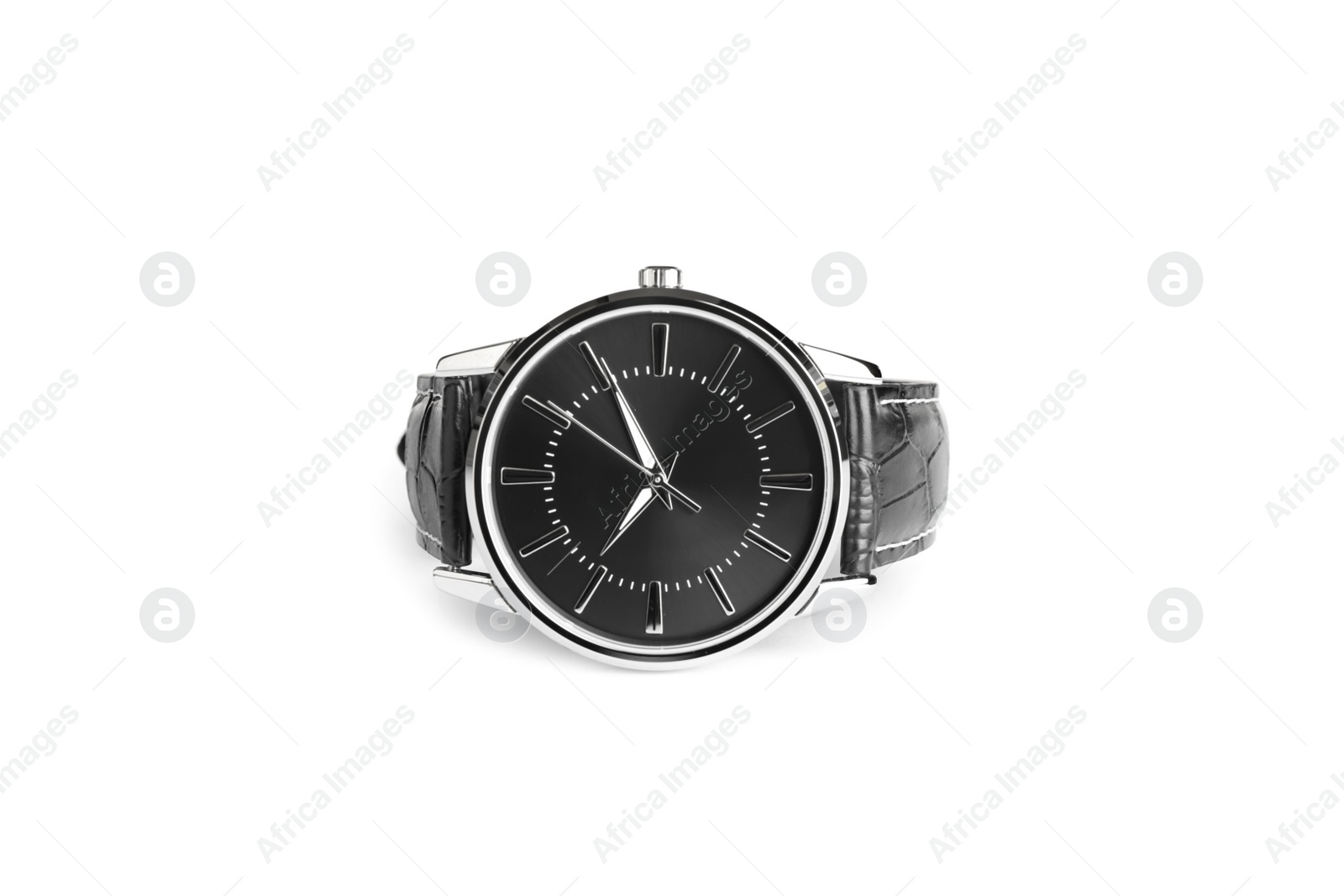 Photo of Black luxury watch with leather band isolated on white