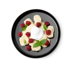 Photo of Plate of tasty lazy dumplings with raspberries, sour cream and mint leaves isolated on white, top view