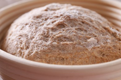 Photo of Fresh sourdough in proofing basket, closeup view