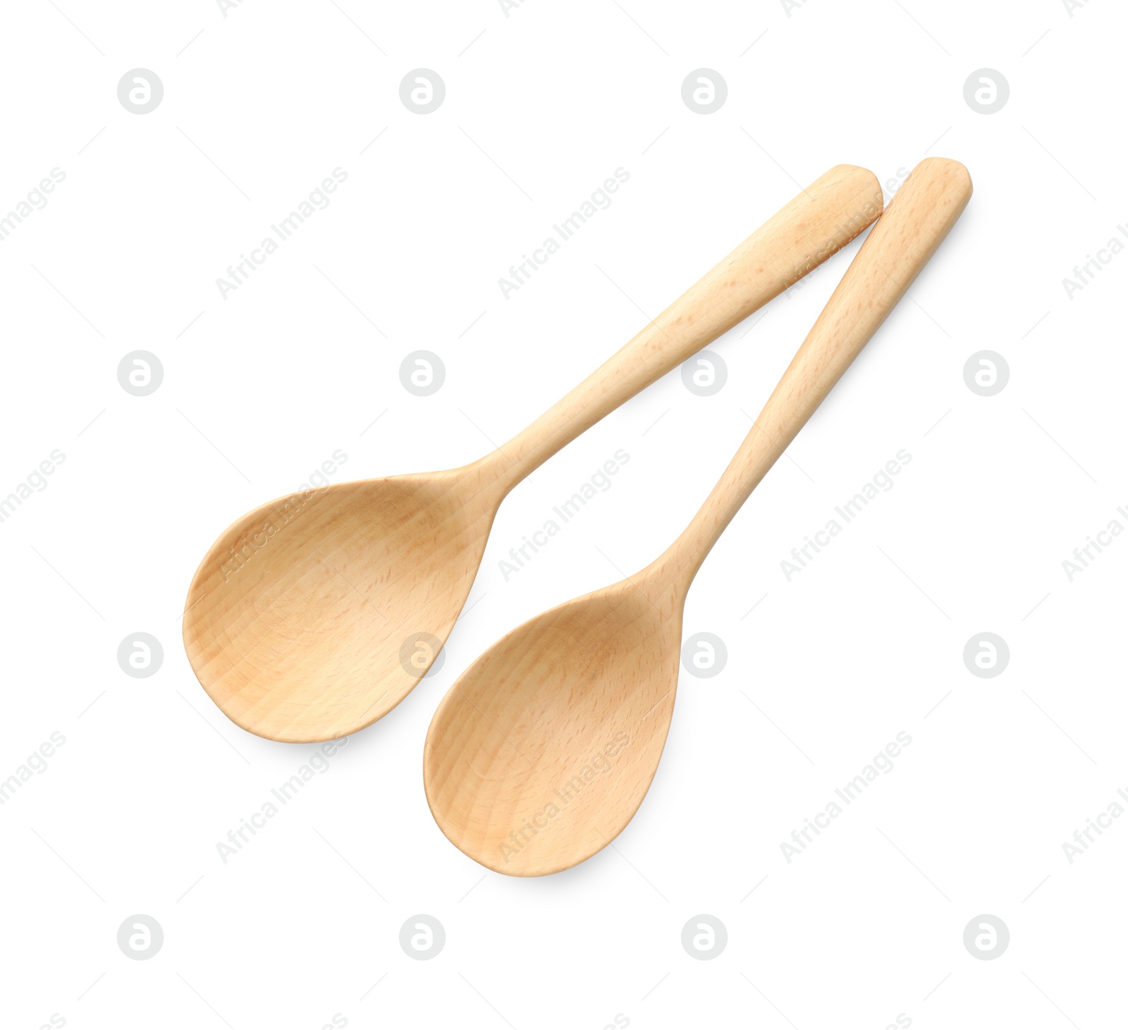 Photo of Two wooden spoons isolated on white, top view