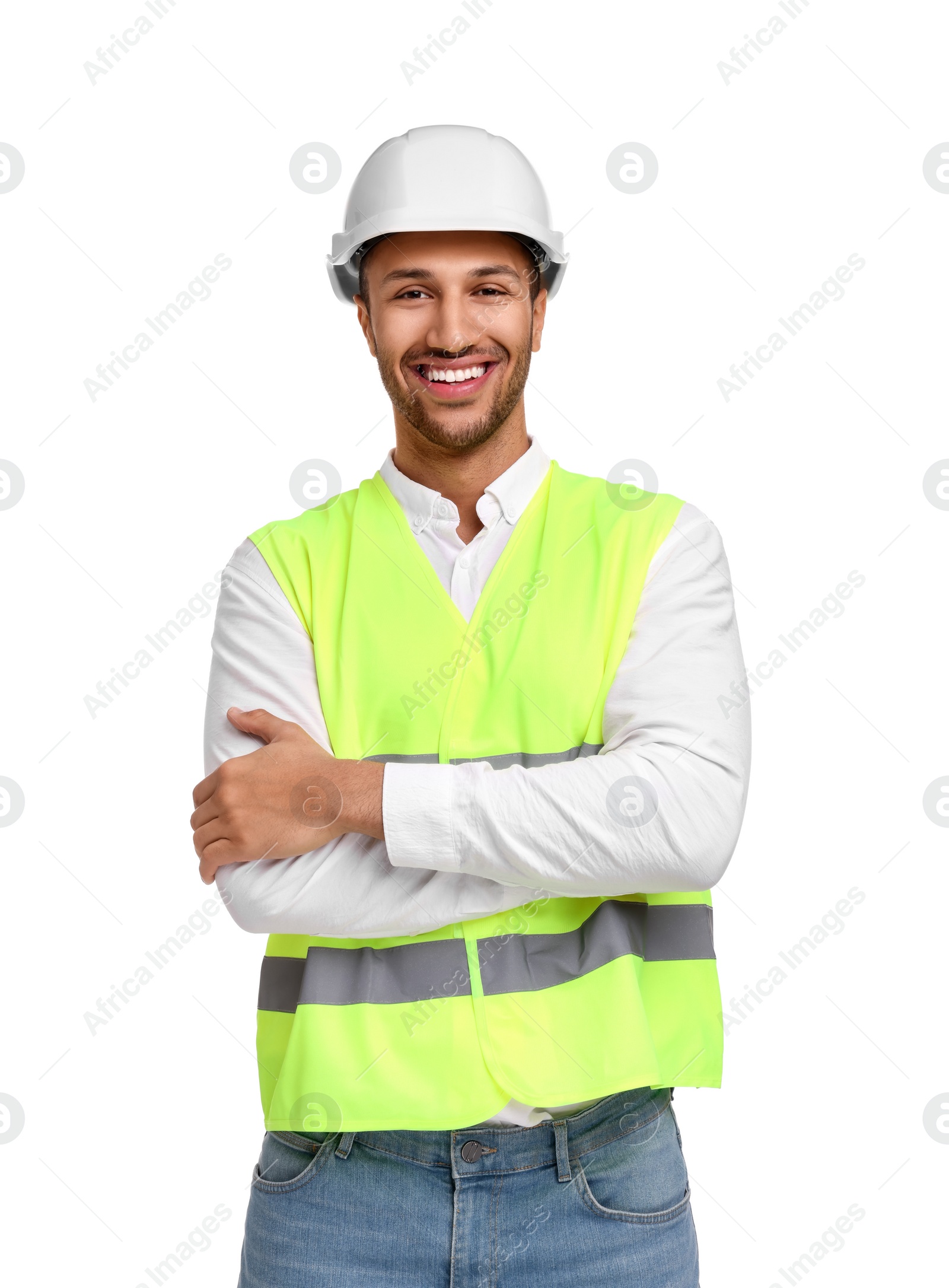 Photo of Engineer in hard hat on white background