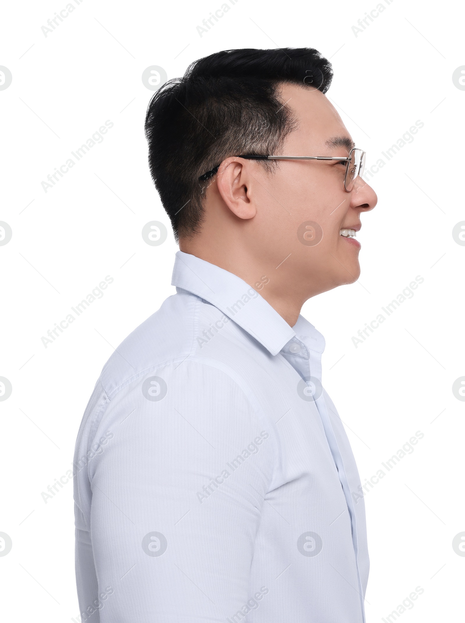 Photo of Businessman in formal clothes wearing glasses on white background