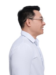 Businessman in formal clothes wearing glasses on white background