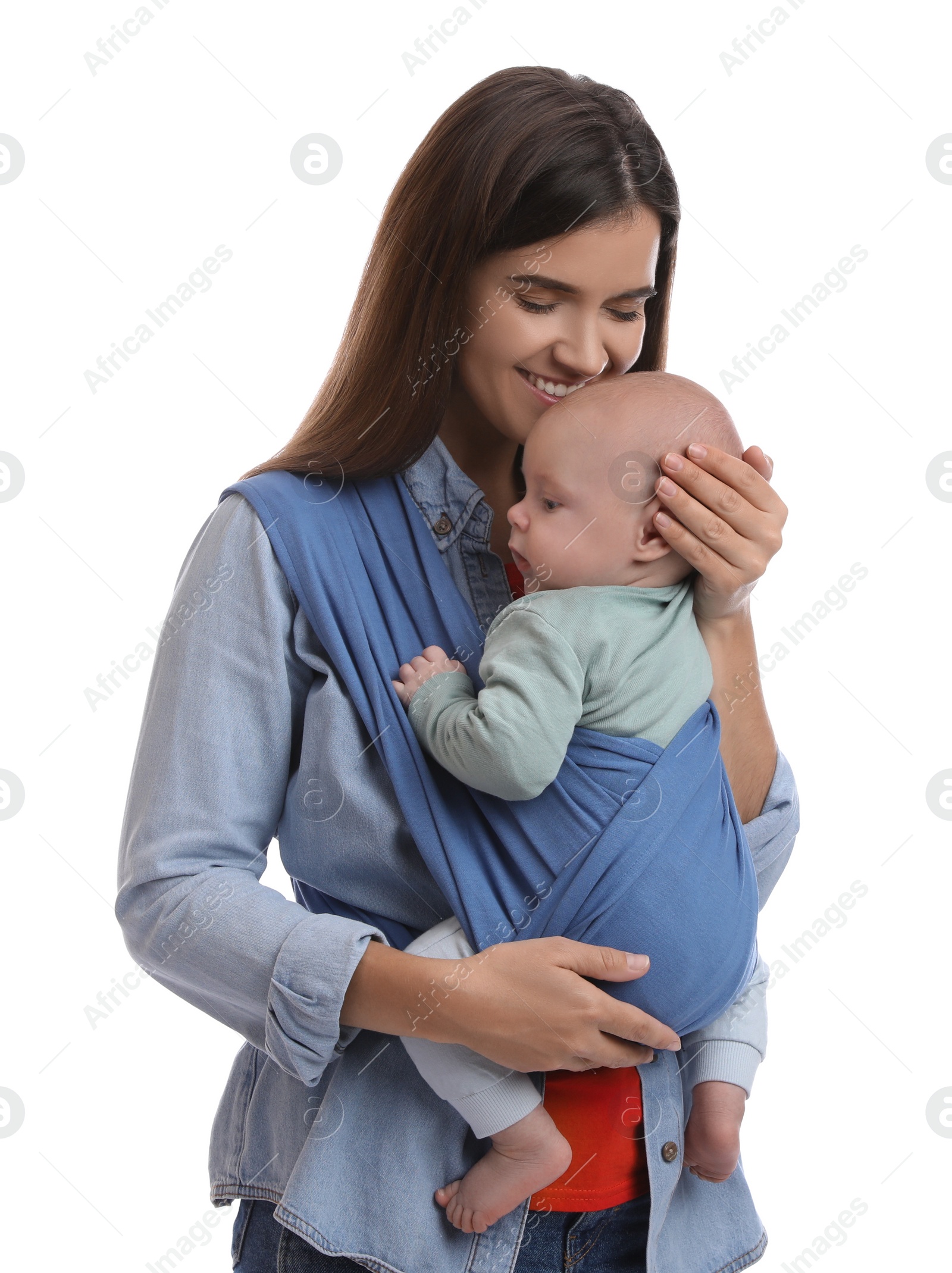 Photo of Mother holding her child in sling (baby carrier) on white background