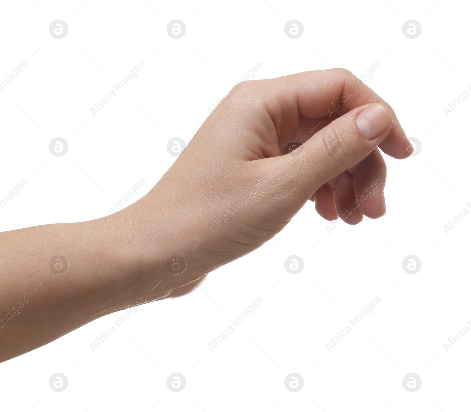 Photo of Man holding something in hand on white background, closeup