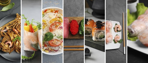 Image of Different tasty Asian dishes. Collage with sushi, rolls and others