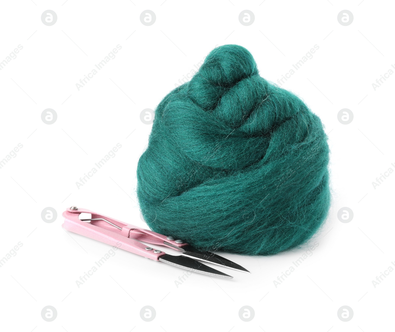 Photo of Green felting wool and scissors isolated on white