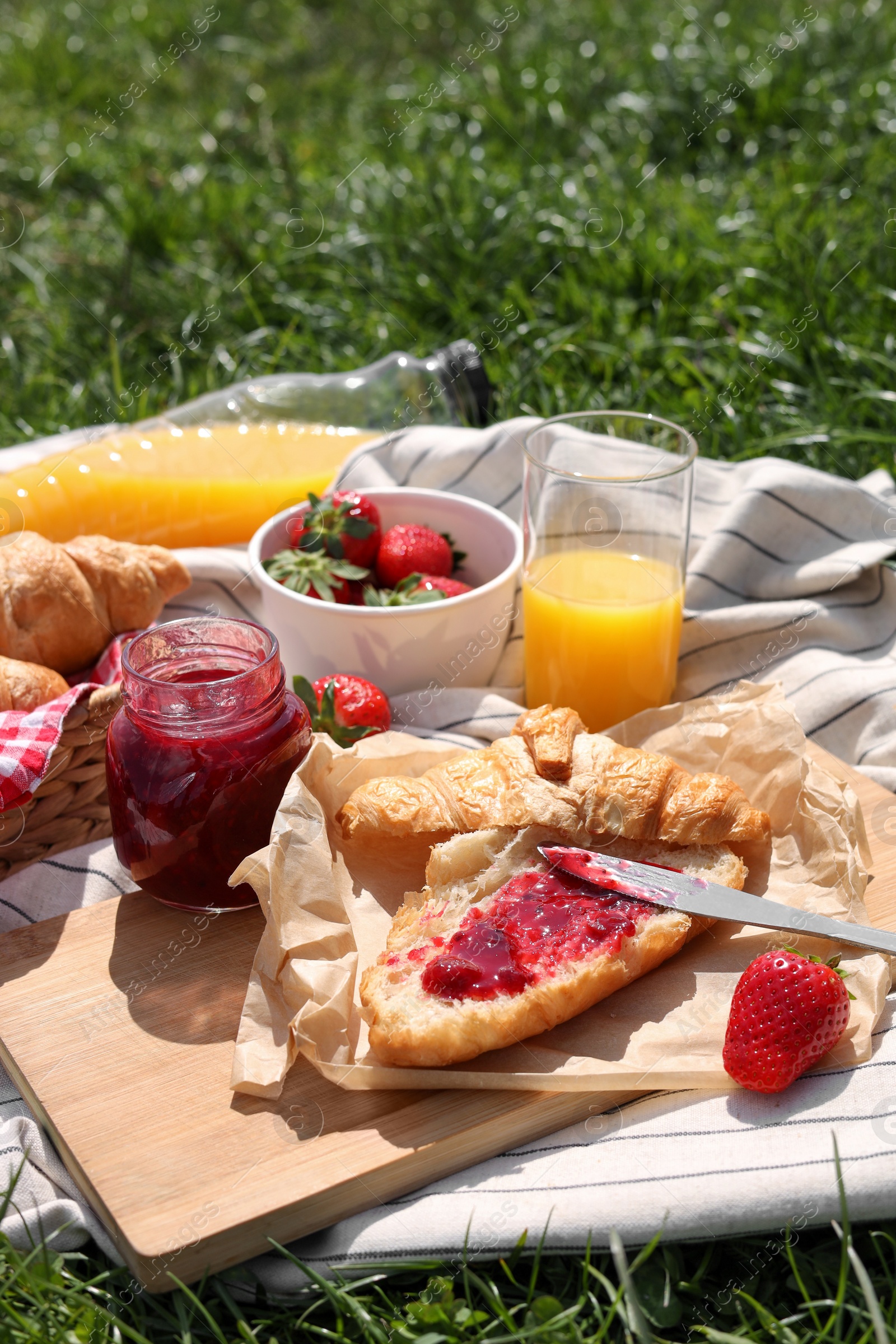 Photo of Blanket with different products on green grass. Summer picnic