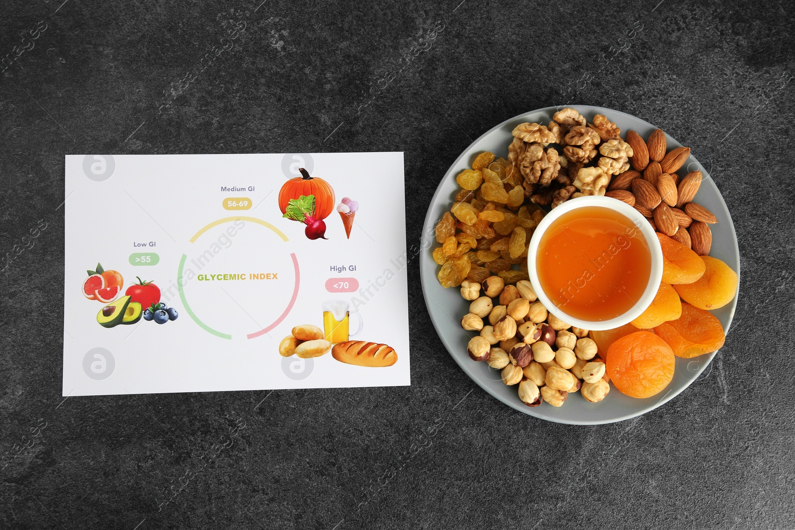 Photo of Paper with information about glycemic index and different products on grey table, flat lay