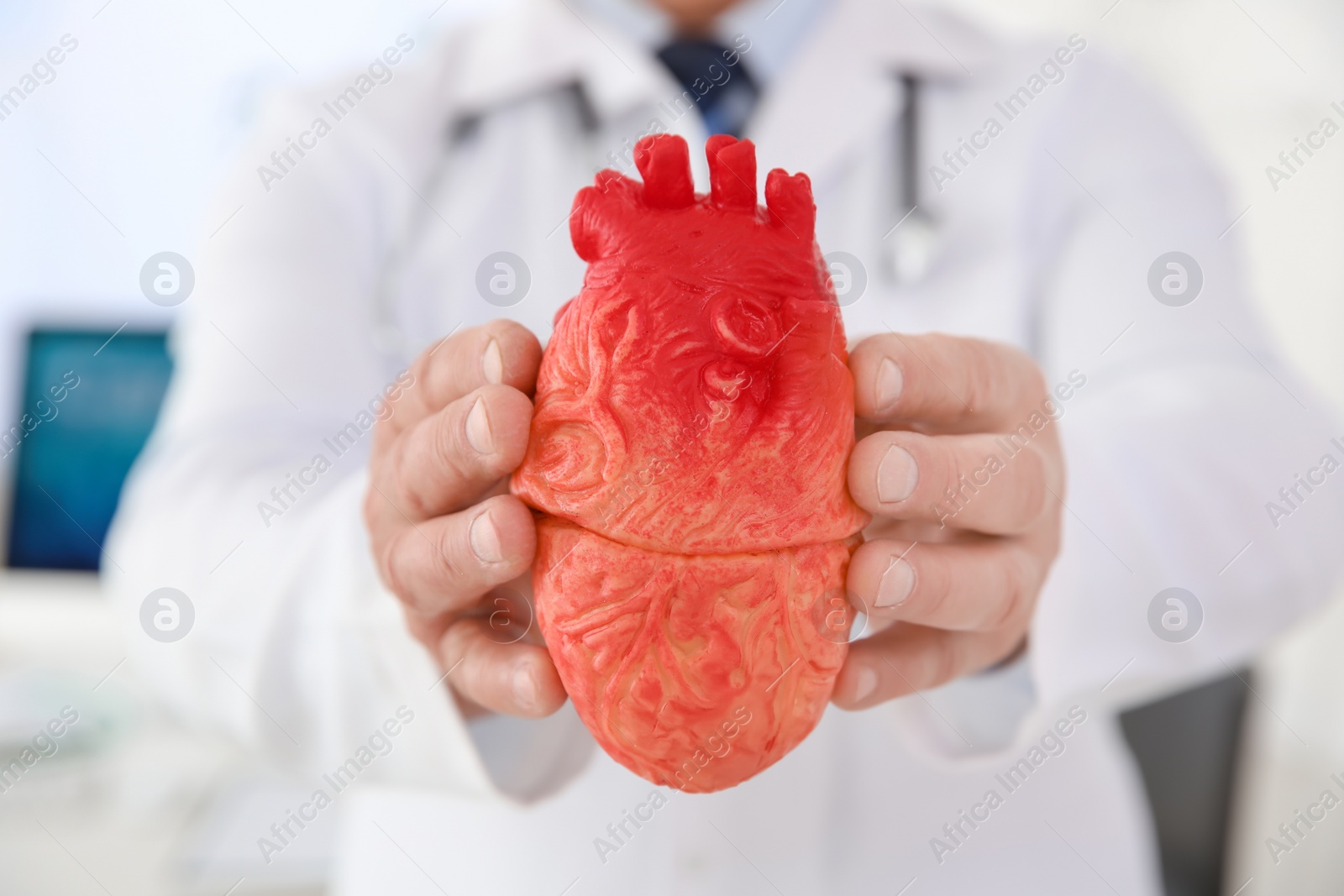 Photo of Male doctor holding heart model in clinic, closeup. Cardiology center