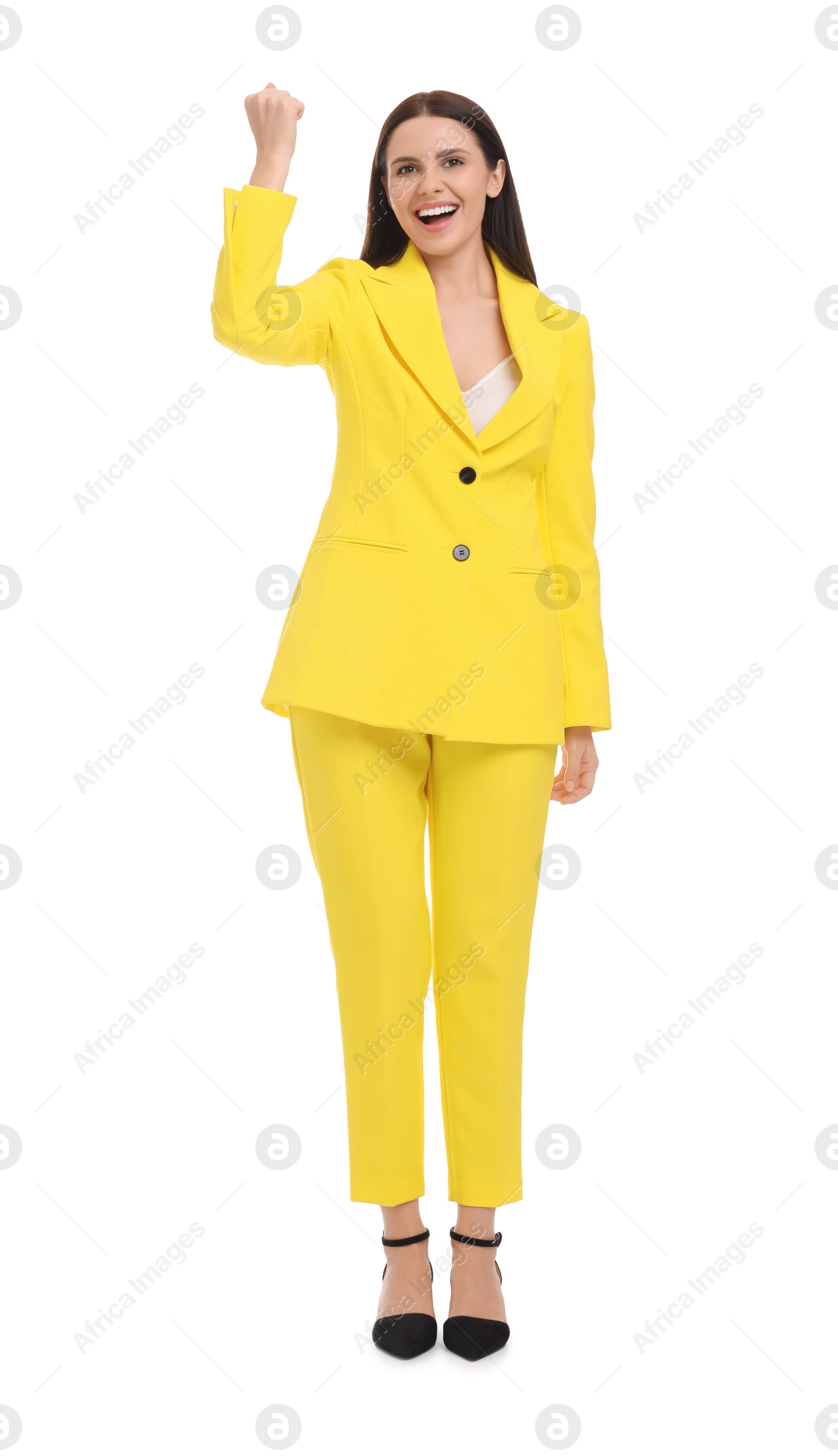 Photo of Beautiful businesswoman in yellow suit on white background