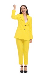 Photo of Beautiful businesswoman in yellow suit on white background