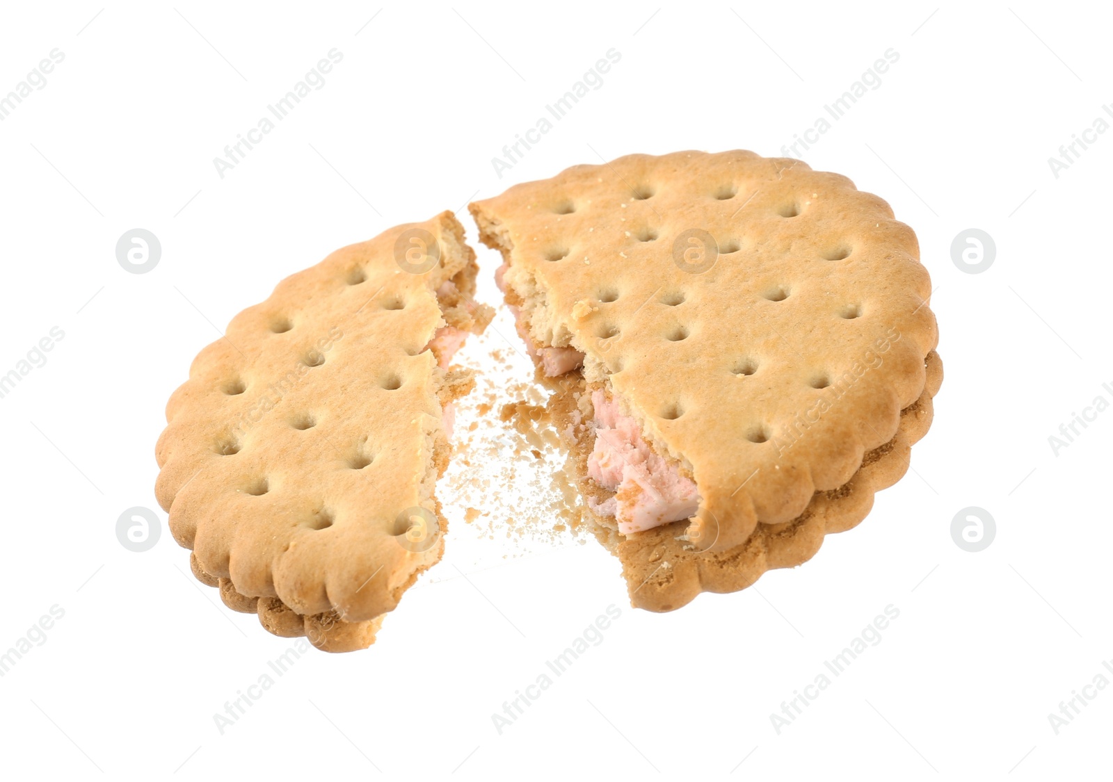 Photo of Broken tasty sandwich cookie with cream on white background