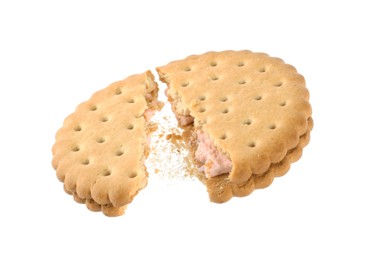 Photo of Broken tasty sandwich cookie with cream on white background