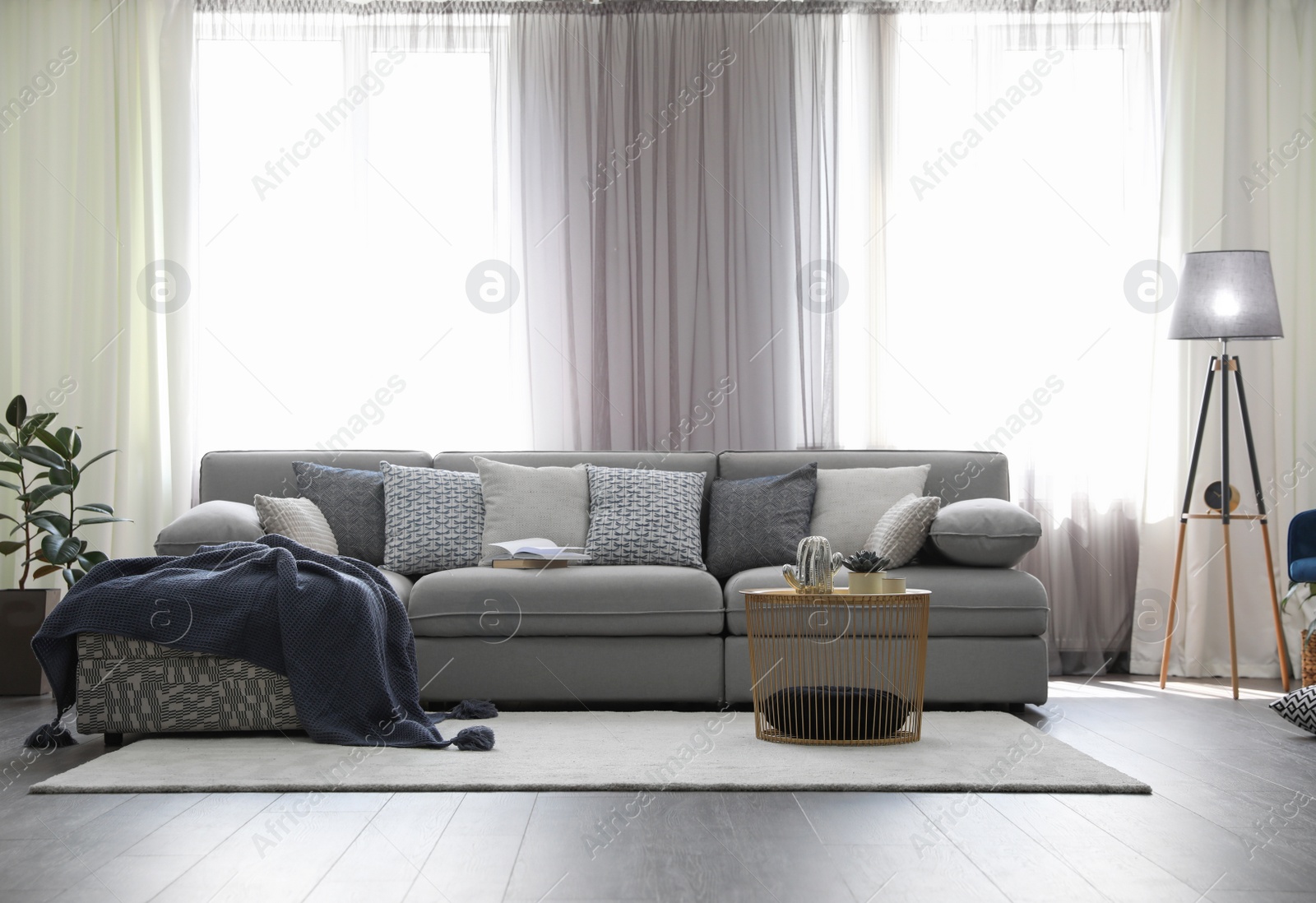 Photo of Elegant living room with comfortable sofa near windows. Interior design