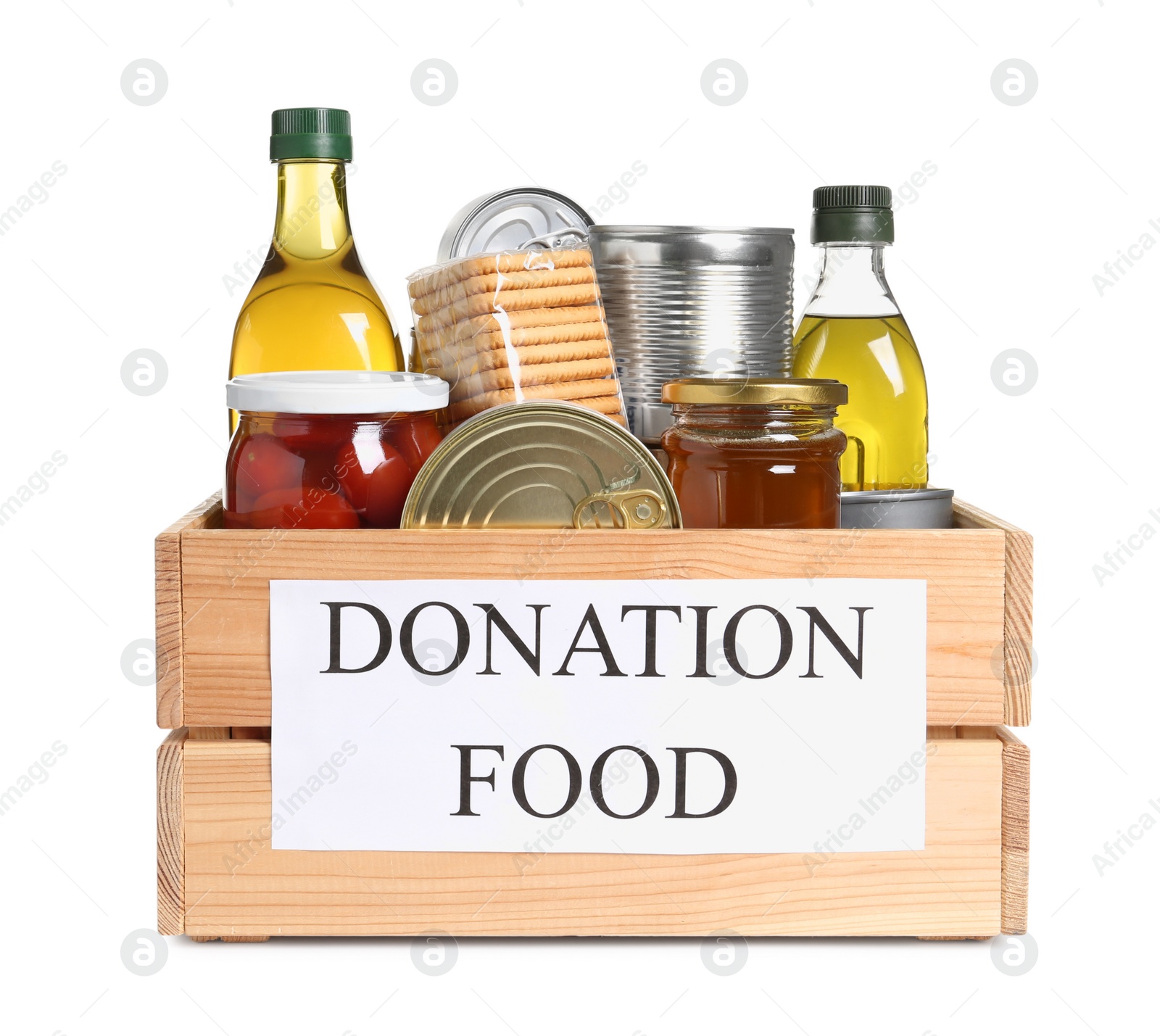 Photo of Donation crate with food isolated on white