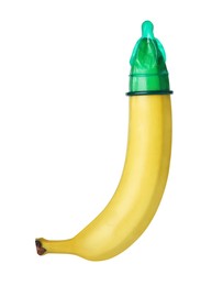 Photo of Banana with condom isolated on white. Safe sex concept