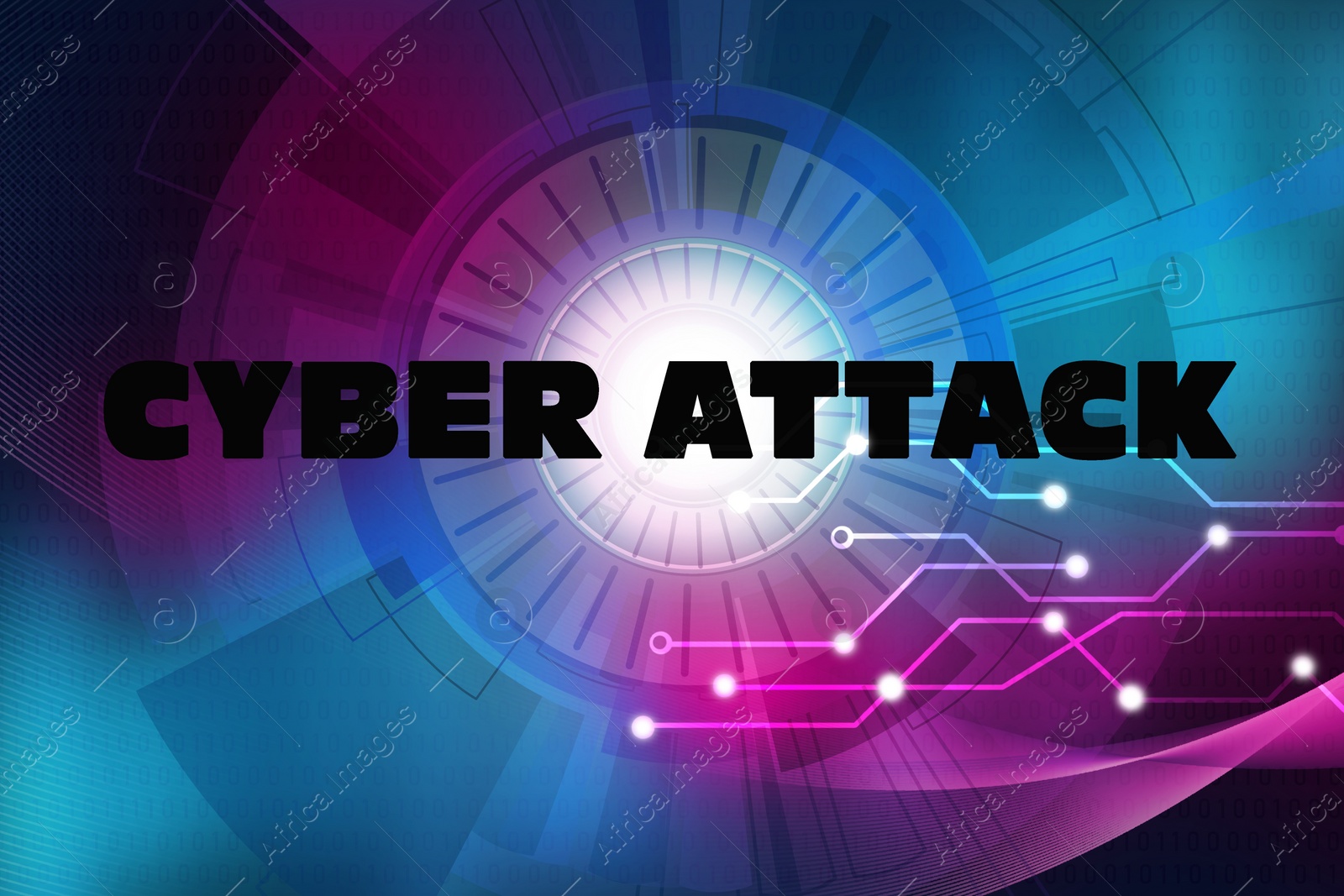 Illustration of Phrase Cyber attack and digital scheme on background