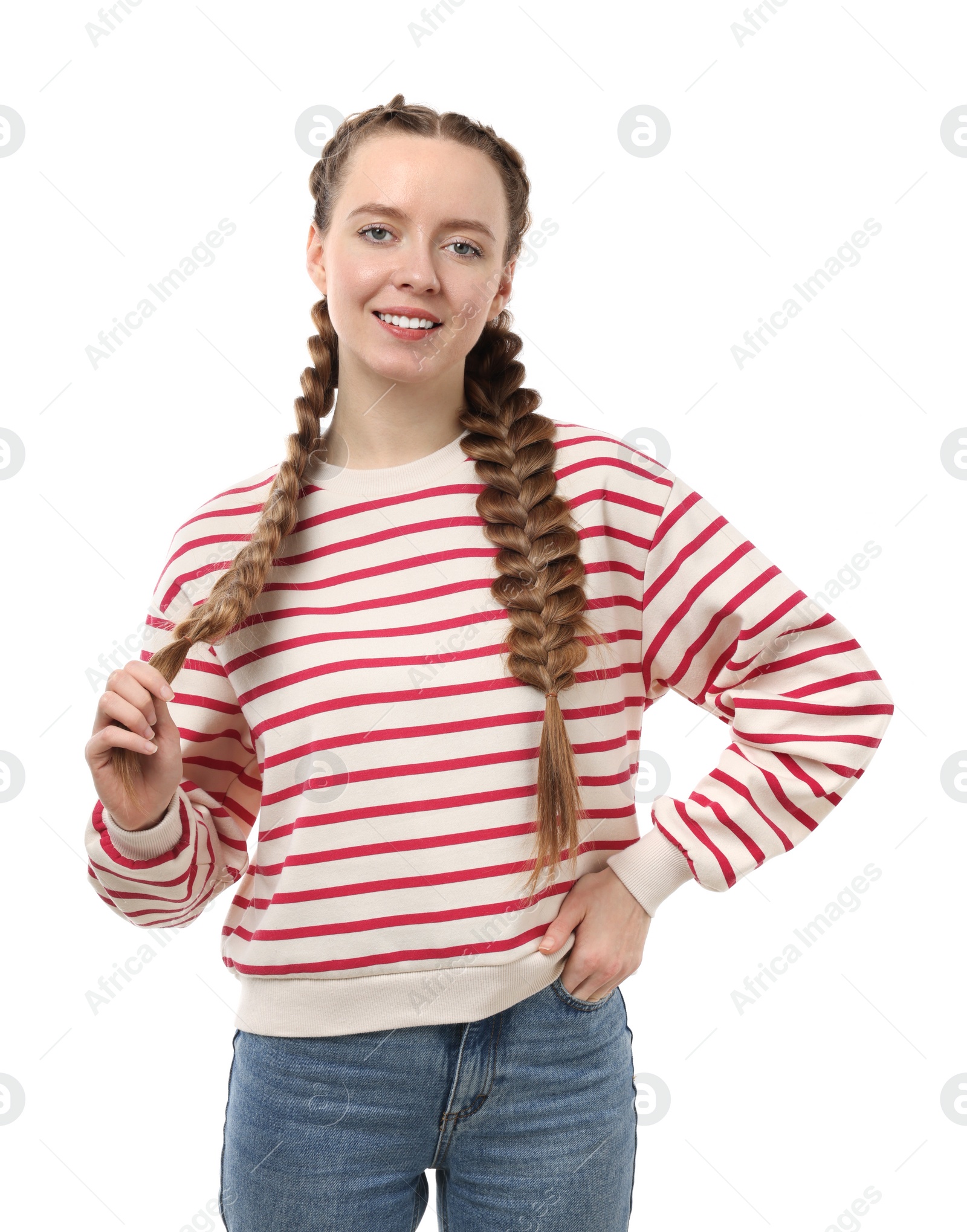 Photo of Woman with braided hair on white background